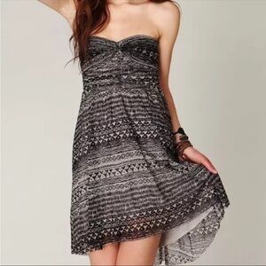 FREE PEOPLE BLACK GREY TRIBAL PRINT MESH STRAPLESS SWEETHEART HI LOW DRESS SMALL